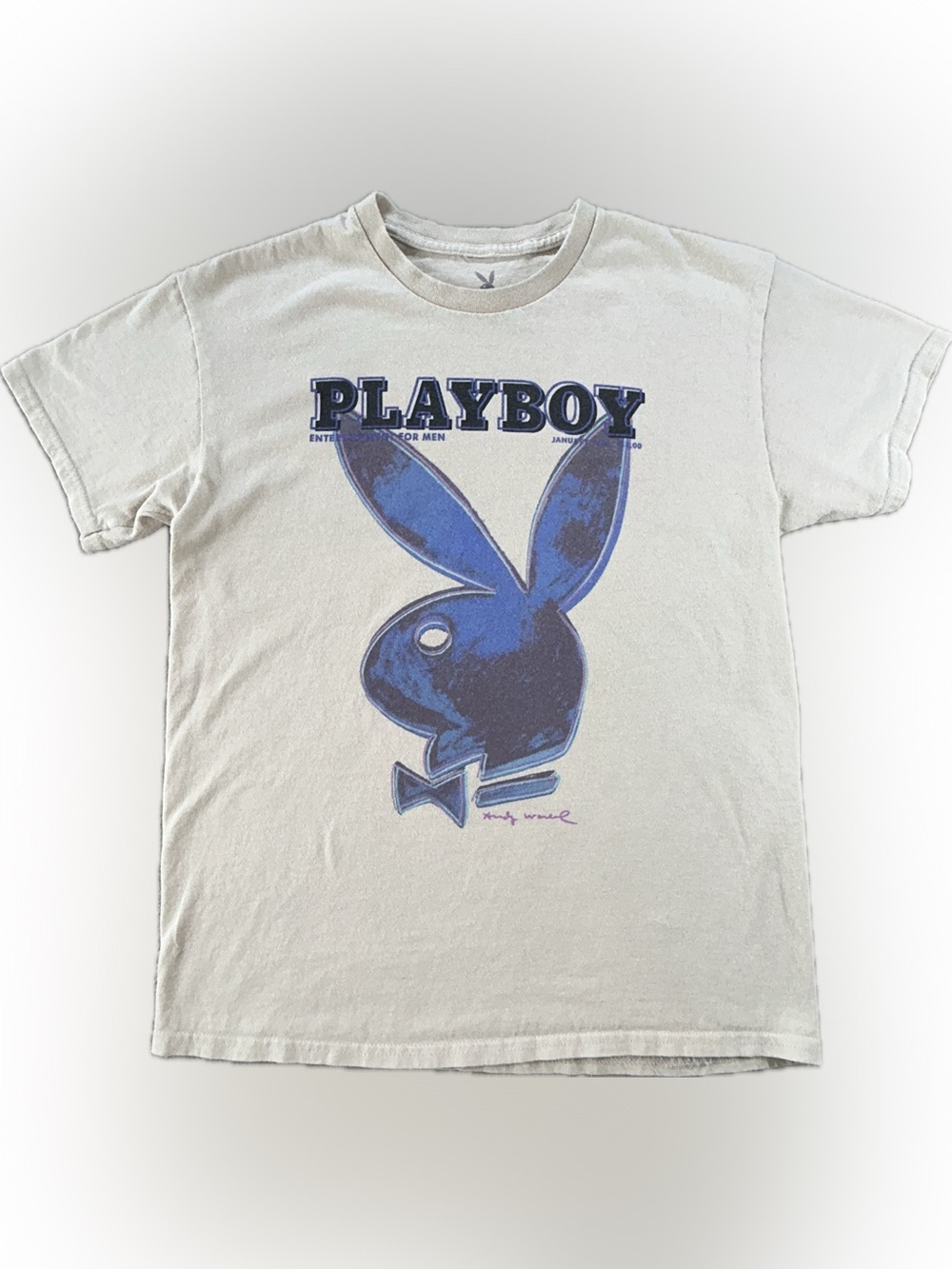 Playboy X Andy Warhol Logo Beige‎ Tee Shirt Mens Medium Graphic Tee Blue Bunny